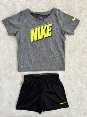 Nike Baby Grey Dri-Fit Tee & Black Shorts Set with Neon Yellow Logo